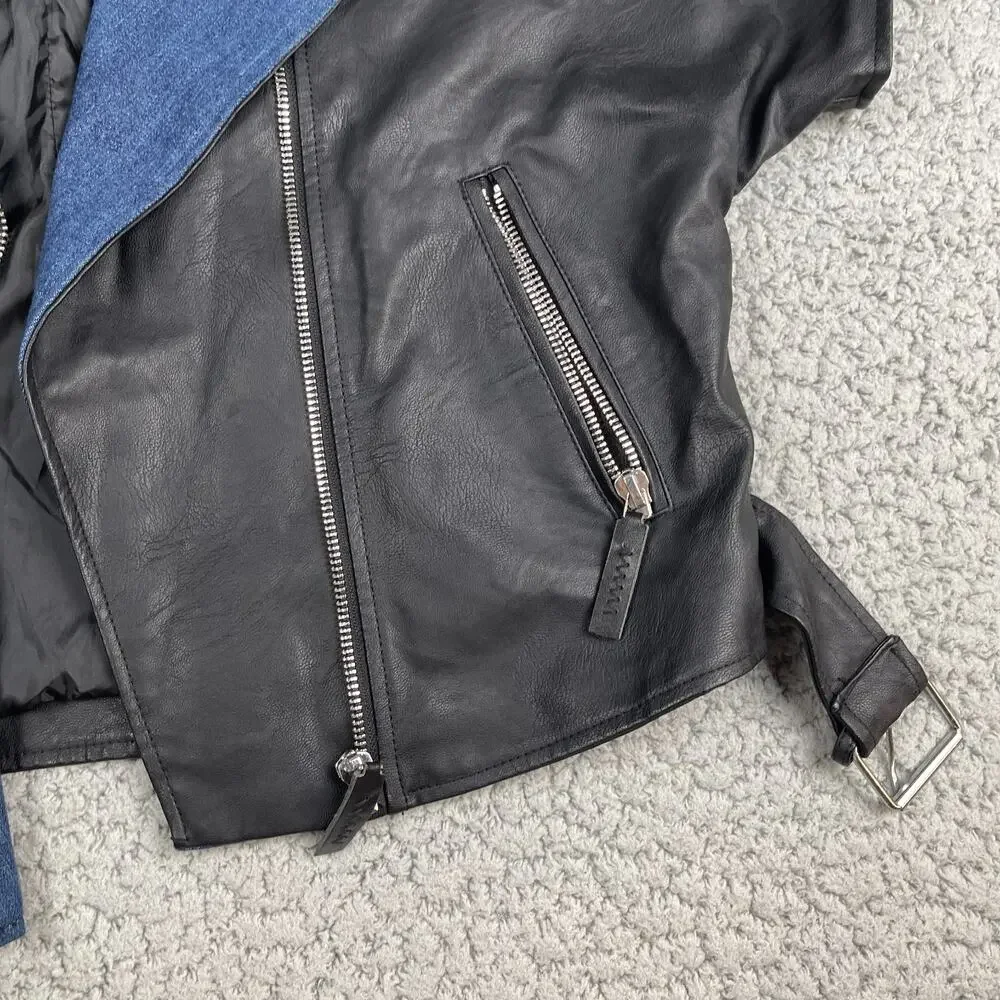 TRACTR Leather Denim Contrasting Moto Jacket Womens XL Short Sleeve Zip Biker - Picture 4 of 11